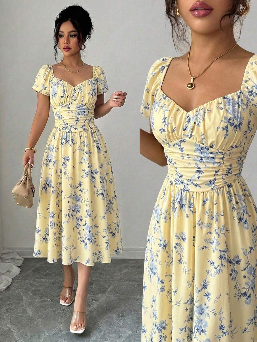 Elenzga Robe d'été pour femmes à imprimé floral jaune, col en cœur, taille cintrée, ourlet évasé, manches courtes. Cadeau d'anniversaire élégant Top de gamme, idéal pour les rendez-vous, les fêtes, la Saint-Valentin, les festivals de musique, les rassemblements, les occasions formelles, la rentrée scolaire, la fête des enseignants, les voyages, la photographie de rue, les tenues d'été, la nouvelle mode essentielle d'été, design de niche, polyvalente, robe mi-longue élégante - Jaune clair - Voir 1