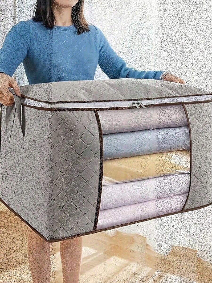 1Pc Large Capacity Storage Bag,Non-Woven Quilt Storage Bag, Quilt Travel Moving Storage Packing Bag, Clothes Luggage Storage Bag, For Seasonal Storage And Organization Decorations Autumn Decor Festival Decor Room Decor Home Decor Fall Decor Bedroom Decor Christmas For Holiday Gift Giving - Grey - View 1