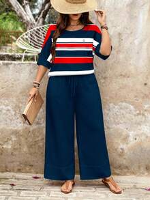 SHEIN LUNE Bộ đồ hai mảnh phong cách hải quân tối giản thường ngày, họa tiết sọc đỏ, xanh dương và trắng, phù hợp cho phụ nữ cỡ lớn vào mùa hè. - Nhiều màu - Xem 6