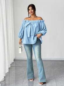SHEIN Elenzya Áo kiểu trễ vai gợi cảm buộc dây dành cho nữ cỡ lớn - Màu xanh nhạt - Xem 3