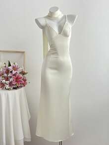 Sunnyshic Vestido de satén color albaricoque para mujer, elegante para primavera y verano - Albaricoque - Ver 3