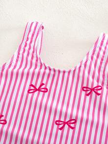 SHEIN Young Girl Striped Bow Decor One-Piece Swimwear, Suitable For Beach Vacation, Pool Party, Beach Party - Pink - View 4