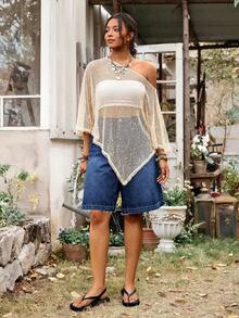 Freevana Plus Size Women Solid Color Sequin Asymmetric Hem Fashionable Blouse - Apricot - View 5