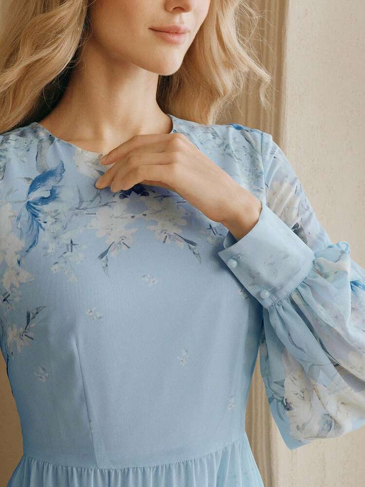 Women's Petal Sleeve Fitted Round Neck Floral Print Dress, Casual Resort Style For Spring/Summer