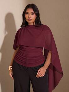 SHEIN BAE Plus Size Women Solid Color Pleated Casual Versatile Daily Wear Top - Red Violet - View 5