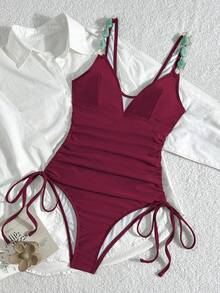 SHEIN Swim Chicsea 2026 New Women's Summer Beach Vacation Elegant Vintage Coin Beaded Decor Adjustable Strap Solid Color Ruched Drawstring One-Piece Swimsuit - Red - View 3