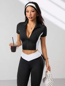 Dewbera Women's Black And White Summer Sexsy Gym Sports Yoga Suit,Short Sleeve Zip-Up Jacket,V-Shape Contrast Waistband Flared Leg Pants,Side Stripe Accent - Black - View 3