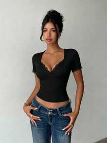 Women's Solid Color Sweetheart Neck Contrast Lace Short Sleeve Fitted Sexy T-Shirt - Black - View 5