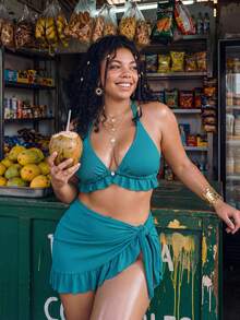 Swim Vcay Light Teal Summer Boho Beach Holiday Halter Bikini Top,Ruffle Trim Ruched Bralette Swimwear,Basic Triangle Cup Plus Size Tropical Vacation Style - Teal Blue - View 1