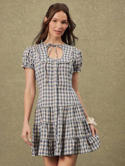 WESTFADE Vestido corto de mujer con mangas abullonadas, volantes, botones y cintura baja con volantes en estampado de cuadros
