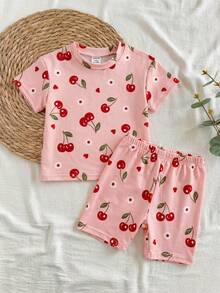 SHEIN Vintaside Kids Ensemble t-shirt imprimé simple et à la mode à col rond et sans manches pour bébé fille d'été, assorti à des shorts décontractés simples et polyvalents, convenant aux loisirs quotidiens, aux jeux de plage ou aux promenades au parc - Rose bonbon - Voir 6