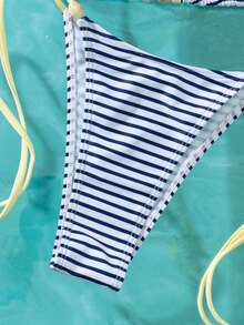 Swim Mod 2026 Spring/Summer New Fashionable Striped Print Sexy Backless Women's Halter Bikini Two Pieces Swimsuit Set - Blue and White - View 5