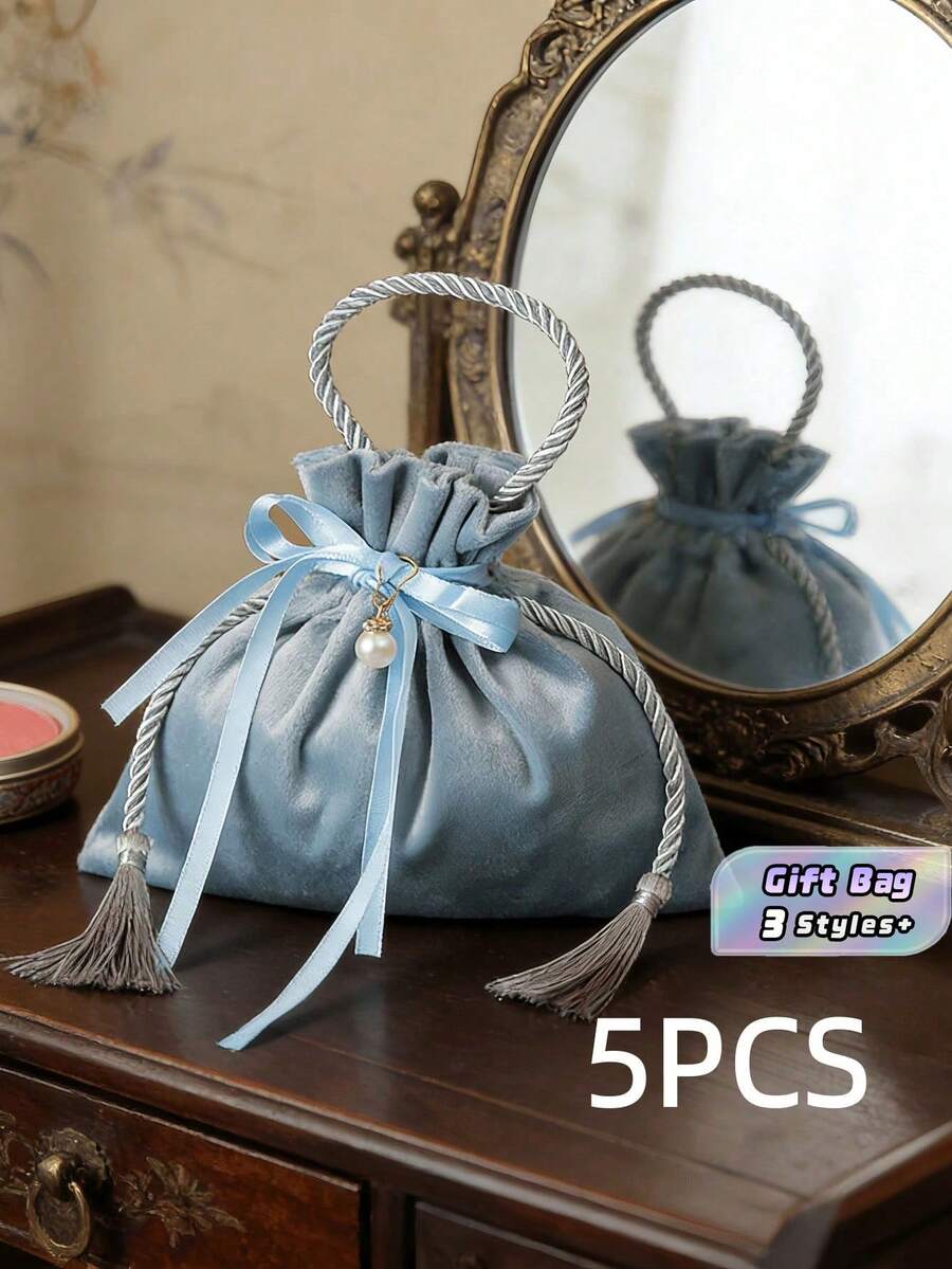 Bộ 5 túi quà cưới tái sử dụng sang trọng, túi đựng trang sức có khóa kéo đính ngọc trai, thích hợp cho lễ đính hôn, tiệc cưới, quà lưu niệm tiệc tùng, trưng bày lễ hội và đóng gói đồ thủ công DIY. - Màu xanh lam - Xem 1