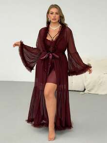 Auralis 3D Mesh Plus Size Sleeve Sexy Sheer Mesh Maxi Robe For Plus Size Women Sexy Lace Patchwork Sheer Mesh Open Back Plus Size Women Robe Set Wine Red Dress For Women Elegant Women Sleepwear For Party Red Dress For Women Summer Sleepwear - Maroon - View 1