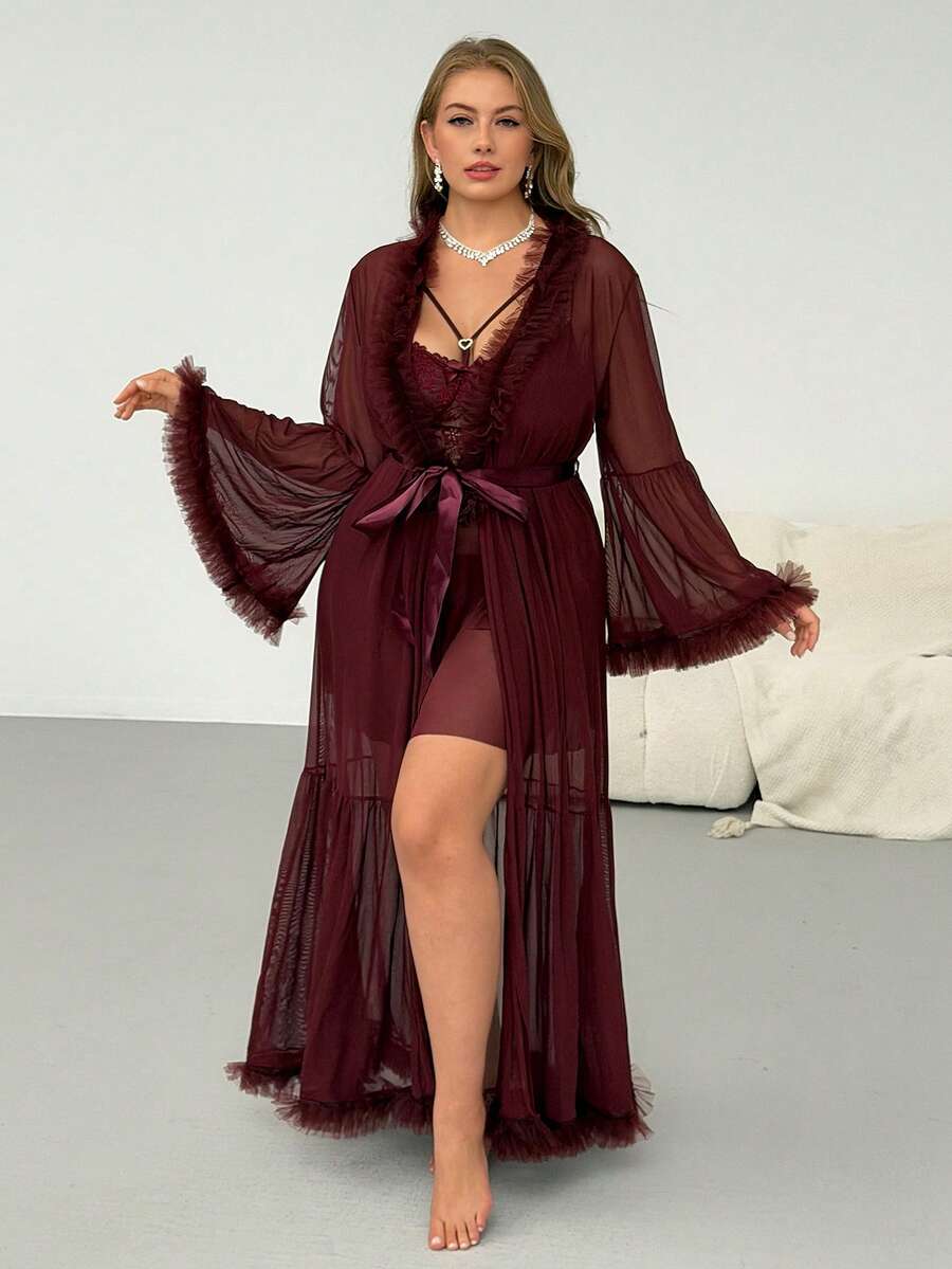 Auralis 3D Mesh Plus Size Sleeve Sexy Sheer Mesh Maxi Robe For Plus Size Women Sexy Lace Patchwork Sheer Mesh Open Back Plus Size Women Robe Set Wine Red Dress For Women Elegant Women Sleepwear For Party Red Dress For Women Summer Sleepwear - Maroon - View 1