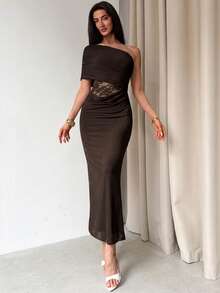 Aloruh Elegant Dark Brown Summer Dress,One Shoulder Ruffle Mesh Lace Patchwork See-Through Waist Slim Fit,Dining Vacation Holiday Wedding Guest Beach Dress - Brown - View 7