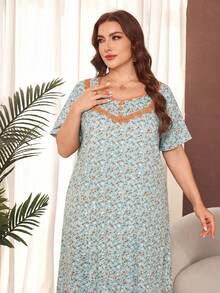 Lacomfia Plus Size Ditsy Floral Short Sleeve Ruffle Hem Casual Maxi Dress - Blue - View 1