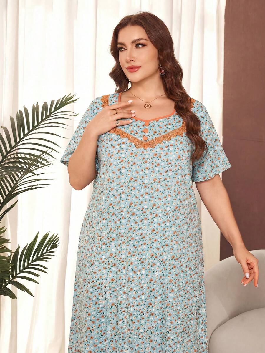 Lacomfia Plus Size Ditsy Floral Short Sleeve Ruffle Hem Casual Maxi Dress - Blue - View 1