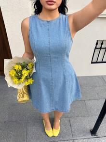 Solflare Vestido vaquero de cuello redondo informal para mujer talla grande para reuniones y salidas, verano - Azul - Ver 5