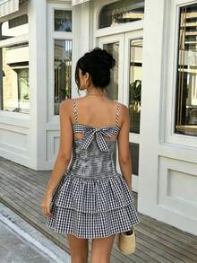 SHEIN ChicEase Đầm ngắn hai dây họa tiết kẻ caro dáng suông mùa hè cho nữ. - màu đen - Xem 2