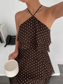 Siren Gaze Vestido de mujer con cuello halter, de varios niveles, con estampado de lunares, versátil y de moda - Marrón - Ver 7