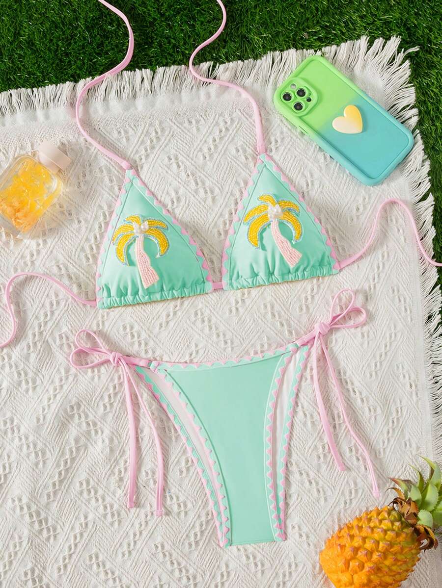 Swim Mod 女士比基尼泳衣，饰有珍珠和椰子树图案，适合海滩、度假和约会，春夏款 - 薄荷綠 - 查看 1