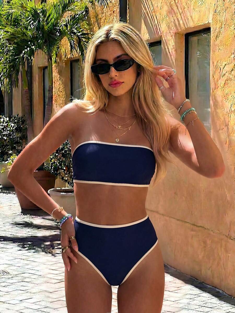 Swim Mod Bộ bikini quây ngực tối giản cho kỳ nghỉ Xuân/Hè 2026, hỗ trợ tốt cho vòng một nhỏ, đồ bơi thanh lịch dành cho phụ nữ. - Nhiều màu - Xem 1