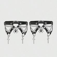 ROMWE 2pcs Women's Black Crystal Spider Accessory Chain Decor Gothic Leg Garter Shorts, Versatile For Halloween & Daily Wear - Black - View 7