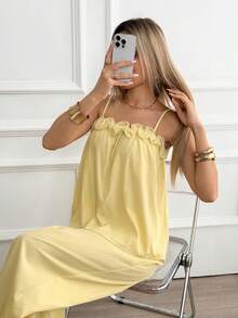 立领荷叶边吊带背心搭配松紧腰阔腿裤套装，休闲宽松优雅通勤度假风，适合女性，春夏款 - 黃色 - 查看 2