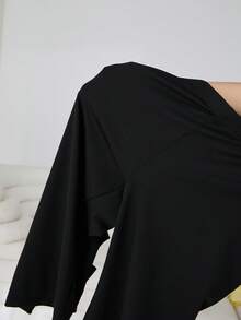 SHEIN EZwear Quần lửng nữ cỡ lớn màu đen kiểu dáng thường ngày, có nơ trang trí. - màu đen - Xem 6