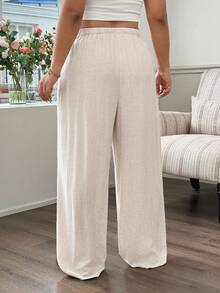 SHEIN EZwear Quần ống rộng cạp rút màu mơ cỡ lớn cho nữ thường ngày - Màu be - Xem 2