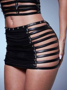 Denimoi Chân váy mini giả da đính đinh tán, dây đeo, khoét hở, gợi cảm, thích hợp cho các buổi hòa nhạc GNO, trang phục đi club. - màu đen - Xem 1