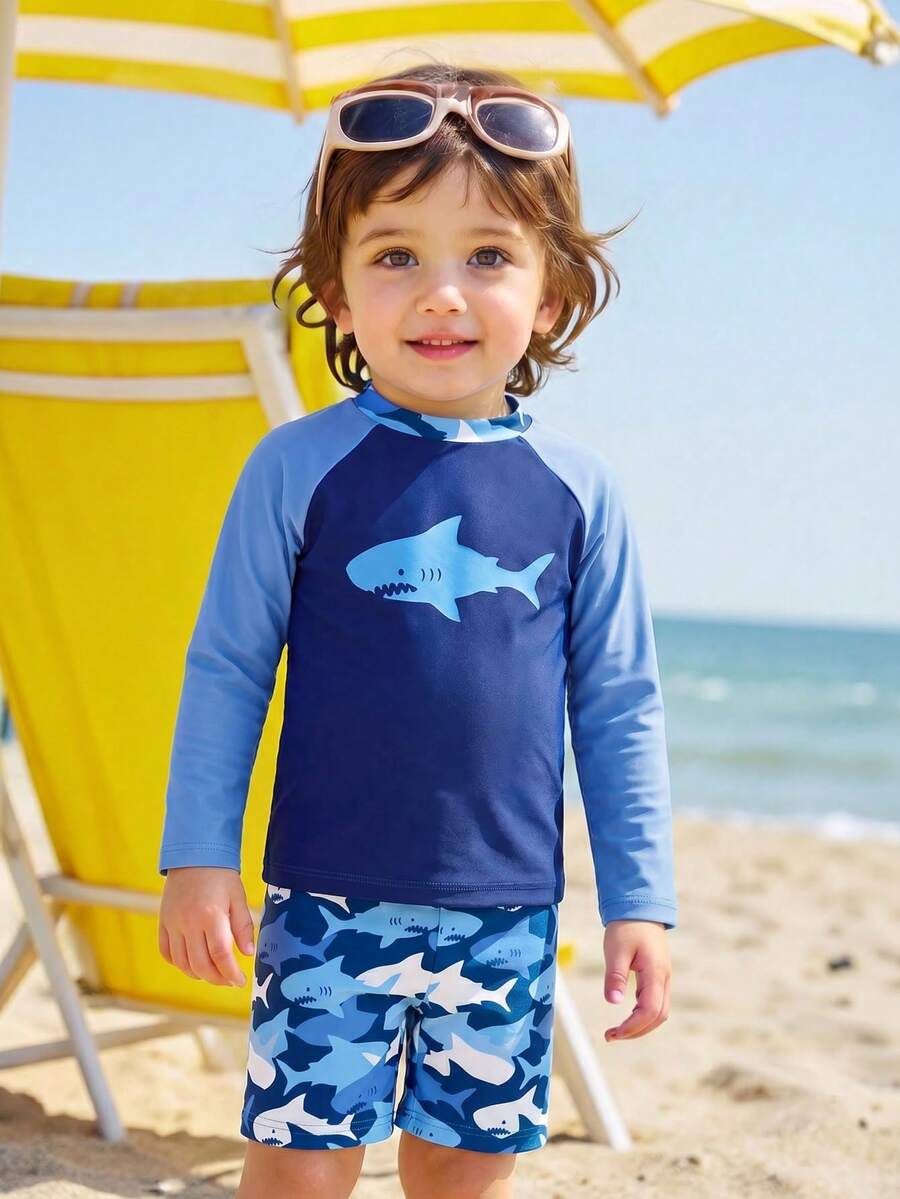New Fashion Young Boy2 Pieces Swimsuit Set, Long Sleeve Top And Shorts, Digital Print Design - Multicolor - View 1