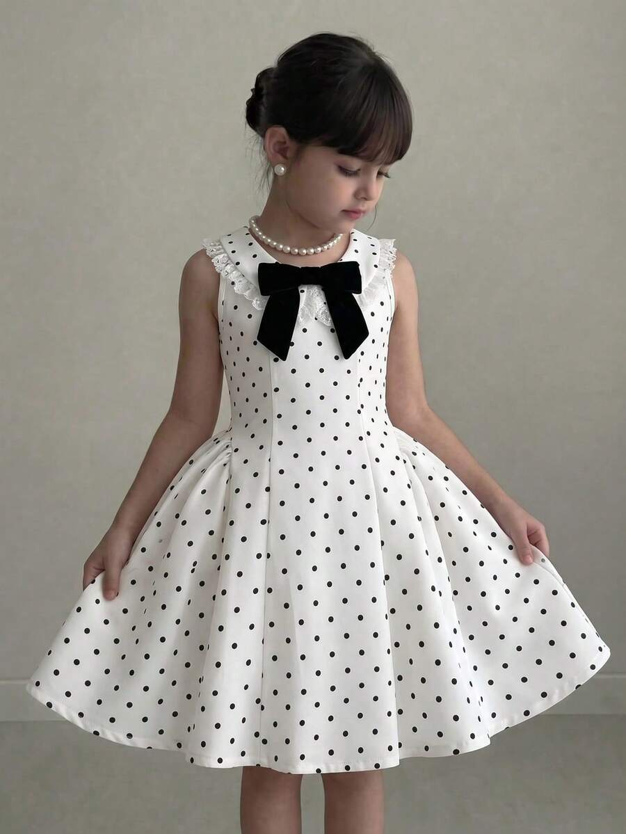 SHEIN Young Girl White Summer Elegant Polka Dot Print Flower Girl Dress,Round Neck Ruffle Trim Bow Decor A-Line Princess Dress For Party,Birthday,Vacation - Multicolor - View 1