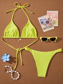 Swim Mod Bộ bikini nữ mùa hè mới, thời trang đi nghỉ mát bên bờ biển, ngọt ngào, dễ thương, họa tiết chấm bi tương phản, hai mặt, kiểu buộc dây cổ sau lưng, gợi cảm. - Nhiều màu - Xem 4