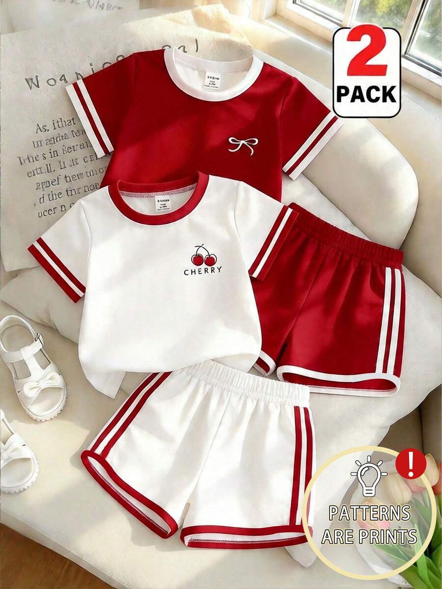 Souflis Souflis 2 pezzi/Set Top e Pantaloncini con Stampa Ciliegie & Fiocchi, Stile Estivo Comodo Carino Bianco Rosso Casual Abbigliamento Quotidiano Alla Moda Per Ragazze Giovani - Bianco - Visualizzare 1