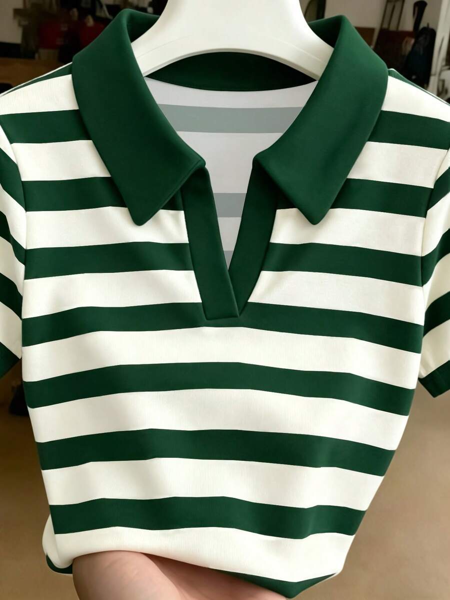 Resyla Blusa casual de mujer con cuello polo a rayas y manga corta - Multicolor - Ver 1
