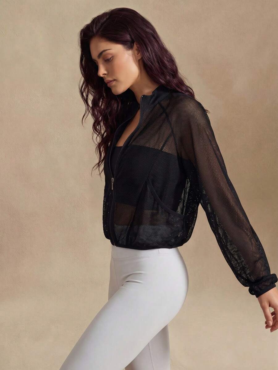 Glamine Women's Athletic High Neck Jacket Mesh See-Through Sexy Top With Pockets, Long Sleeve Athletic Jacket For Running, Fitness, Outdoor Activities - Black - View 1