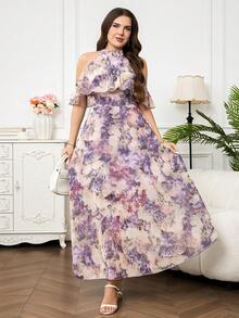 Reflora Plus Size Women's Elegant Off-Shoulder Ruffle Hem A-Line Dress,Beige Summer Long Wedding Guest Dress,Luxury Evening Party Outfit For Carnival - Multicolor - View 6