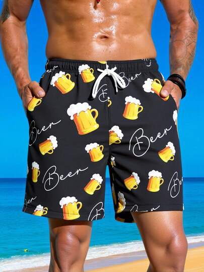 Horizaway Men's Beer Print Drawstring Waist Beach Shorts, Vacation Style Beachwear For Men Vacation Men Beach Shorts Beach Wear For Men Beachwear Cute Style Casual Outdoor Beach Shorts, Hawaiian BeachModeOn Men Beachwear