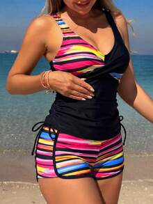SHEIN Swim Lushore Springbreak Nữ Cây Nhiệt Đới In Hình Thường Ngày Boyshort Bao Gồm Yếm Bộ Đồ Bơi Bikini - Nhiều màu - Xem 3