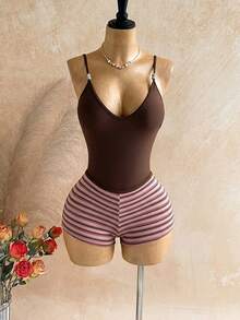 1 Pieza Traje de baño de unicolor y 1 Par de Shorts a Rayas, Conjunto de 2 Piezas - Rosa - Ver 6