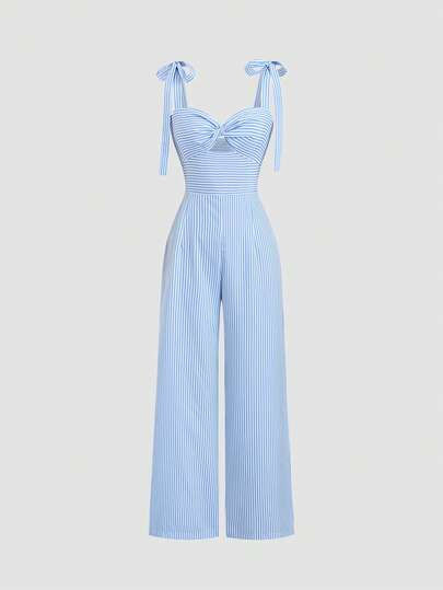 Sweetra Women's Striped Spaghetti Strap Knotted Hollow Design Backless Camisole Waist Cinched Loose Straight Leg Jumpsuit, Fashionable European And American Style, Casual And Resort Vibe, Spring/Summer