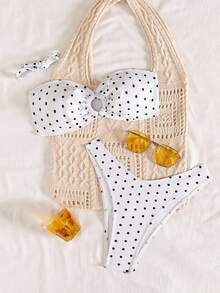 Swim Mod 女款夏季黑白波點印花緊身性感熱帶浪漫海灘泳池派對兩件式比基尼泳衣 - 白色 - 查看 3