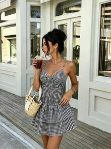 SHEIN ChicEase Đầm ngắn hai dây họa tiết kẻ caro dáng suông mùa hè cho nữ. - màu đen - Xem 6