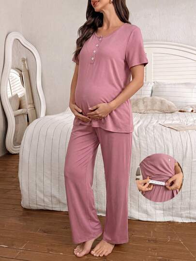 Moonlight&Mama 2pcs/Set Solid Color Cotton Casual Pullover Maternity Short Sleeve Top And Long Pants, Comfortable For Home Wear