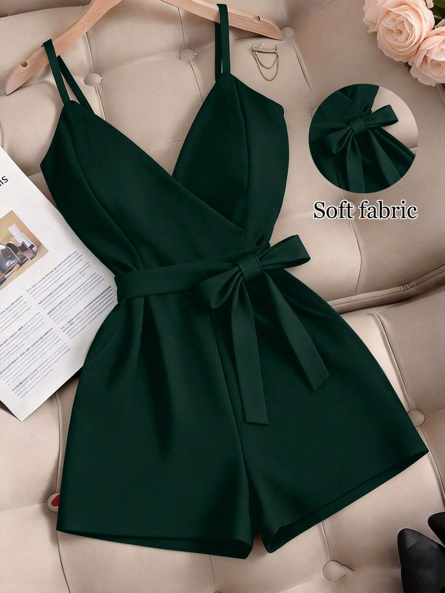 GlowEve CURVE Plus Size Women Solid Color Tie-Waist Romper - Dark Green - View 1