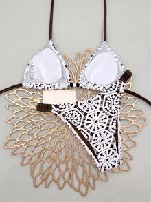 Elavelle Bộ bikini cổ yếm ren rỗng kiểu cổ điển, bikini nghỉ dưỡng bãi biển, bikini đi biển và spa dành cho nữ. - Nhiều màu - Xem 2