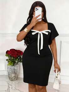 Villa Velisse Plus Size Color Block Bow Decor Square Neck Short Sleeve Fitted Fashion Dress Gym Brown Summer - Black - View 6