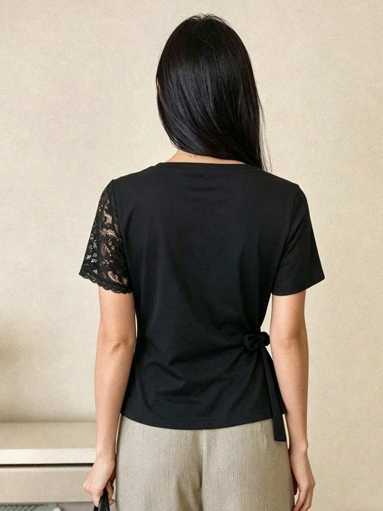 Women's Black Lace Patchwork Asymmetrical Waist Tie Casual Commuter T-Shirt
